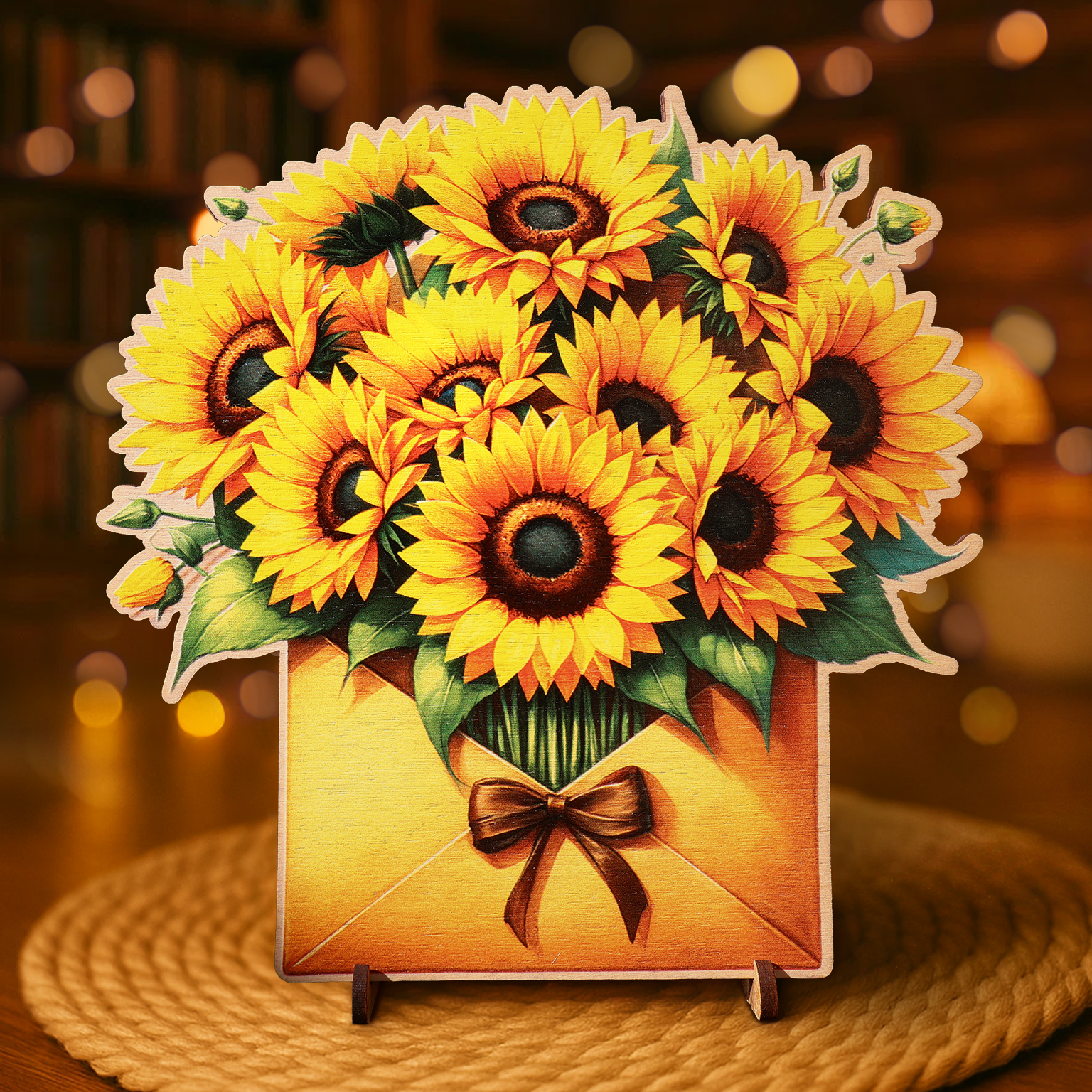 Слънчогледово писмо върху дърво и пожелание отзад