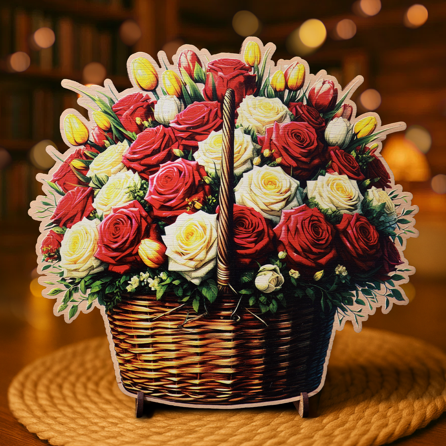 Кошница с Български Рози от дърво с пожелание отзад