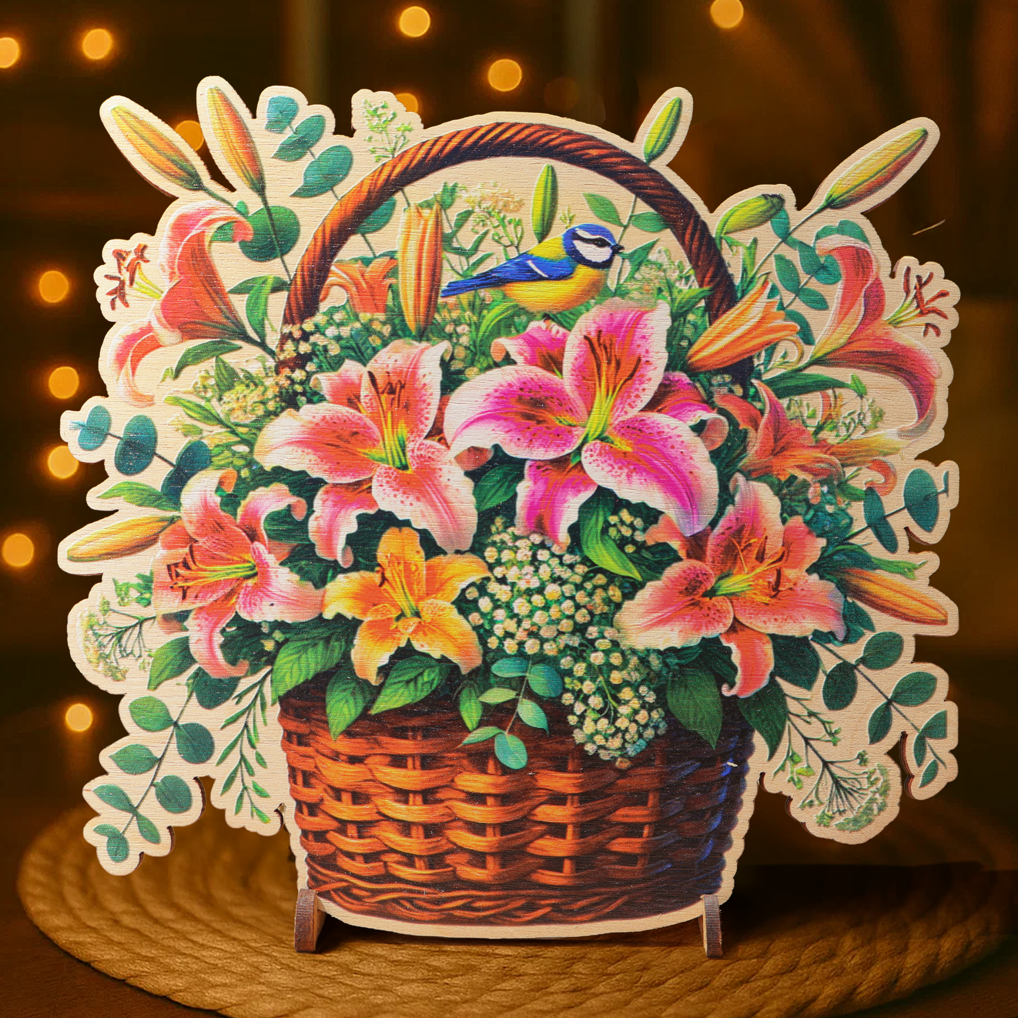 Кошница с лилиуми- гравирана дървена картичка